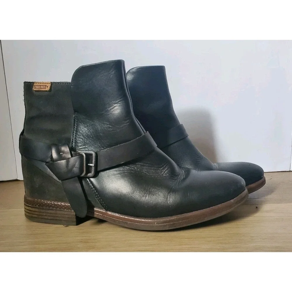 Pikolinos Ordino Ankle Boots Black Leather Buckle Western Women Size EU 39 US 8